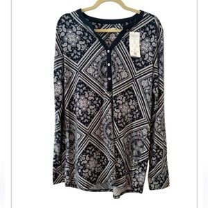 NWT Lands End Black & White Tencel Floral Paisley Long Sleeve Lightweight Top LT